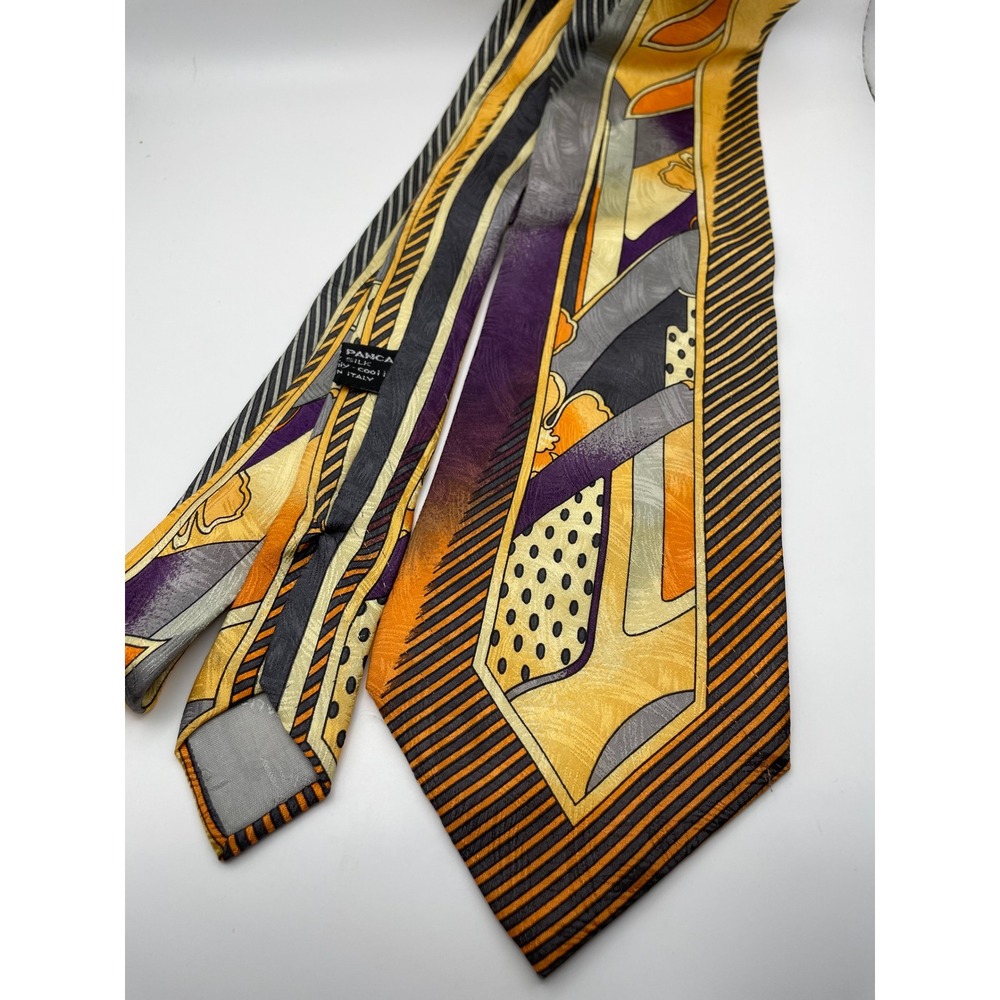 Pancaldi & B Mens Silk Tie Abstract Geometric Purple Orange Gold Made in Italy